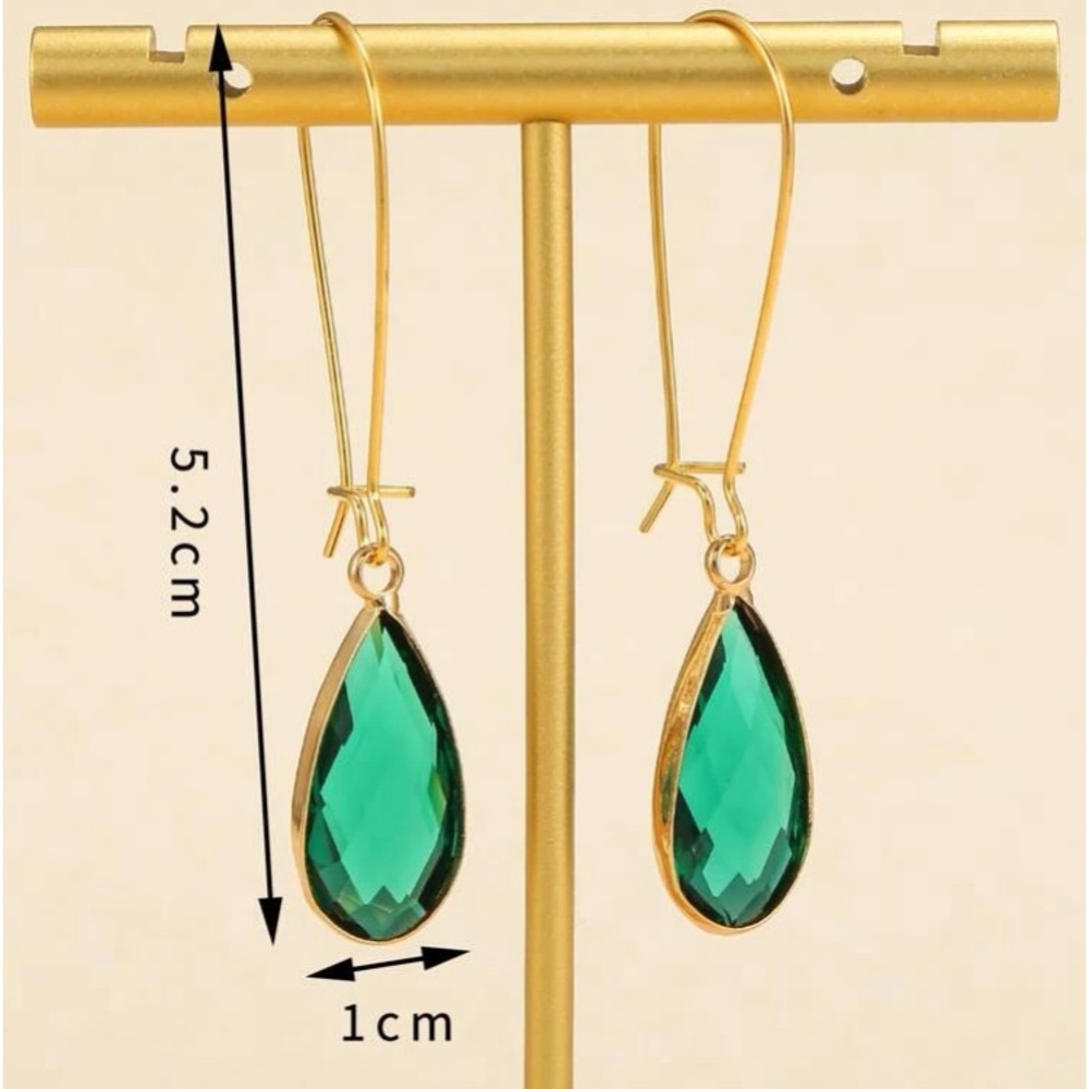 Elegant Emerald Green & Gold Water Drop Crystals Dangle Drop Earrings - Picture 3 of 5